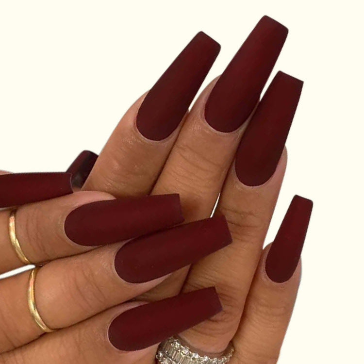 Color sólido largo al por mayor pegatinas de uñas de color rojo oscuro esmerilado